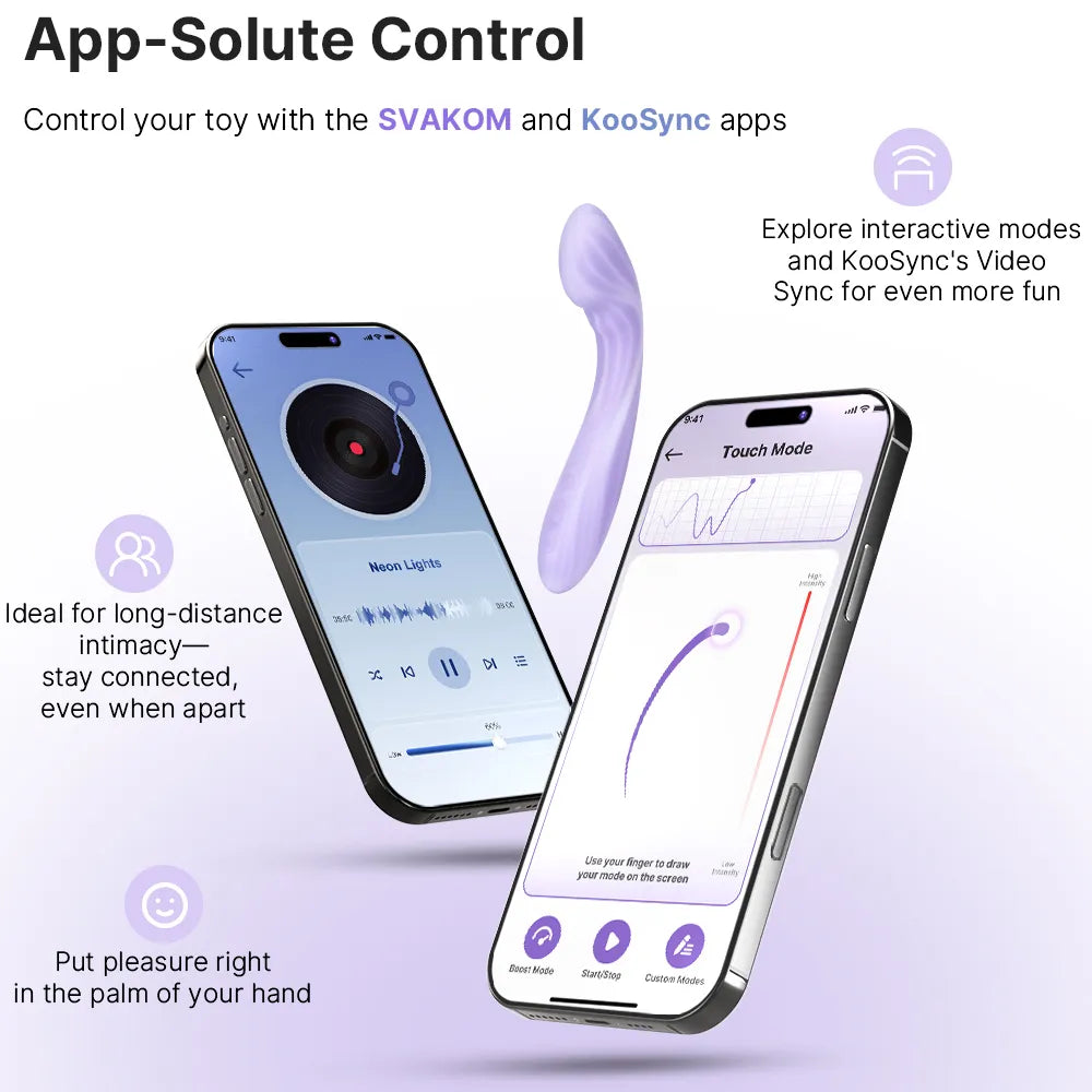 Two smartphones displaying app interfaces with text about Svakom and KooSync apps for toy control.