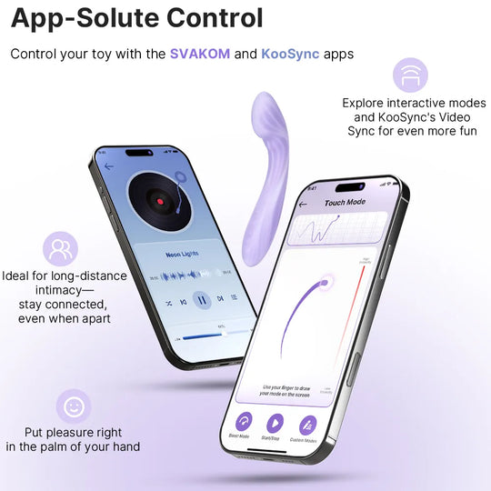 Two smartphones displaying app interfaces with text about Svakom and KooSync apps for toy control.