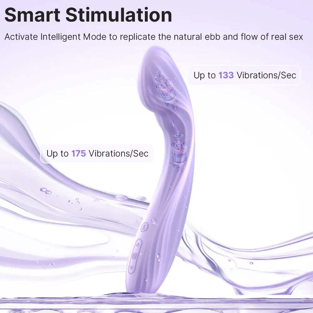 Product with text about smart stimulation and vibration rates on a light purple background