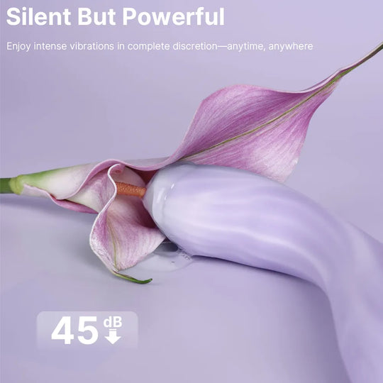 Purple device with a flower on a light purple background, featuring text about vibrations.
